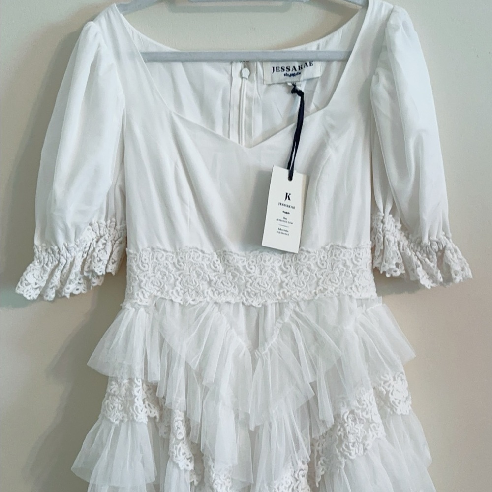 JessaKae White Tiered Lace Puff Sleeve Wedding Dress - Picture 9 of 13
